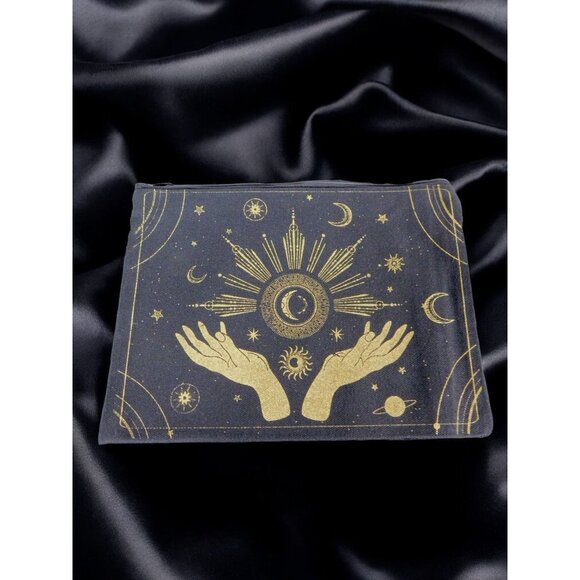 Mystic Canvas Zipper Pouch With Gold Celestial Design 9"x 7" - Picture 2 of 9
